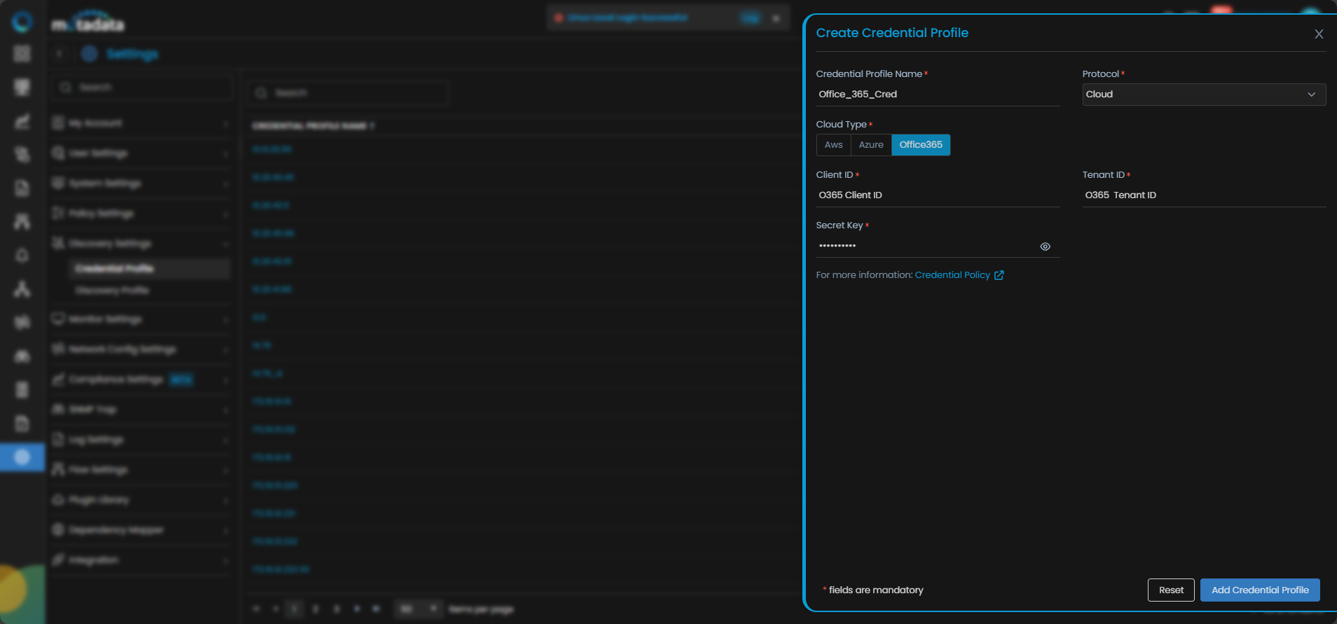 Create Credential Profile form with Cloud protocol and Office 365 tab selected
