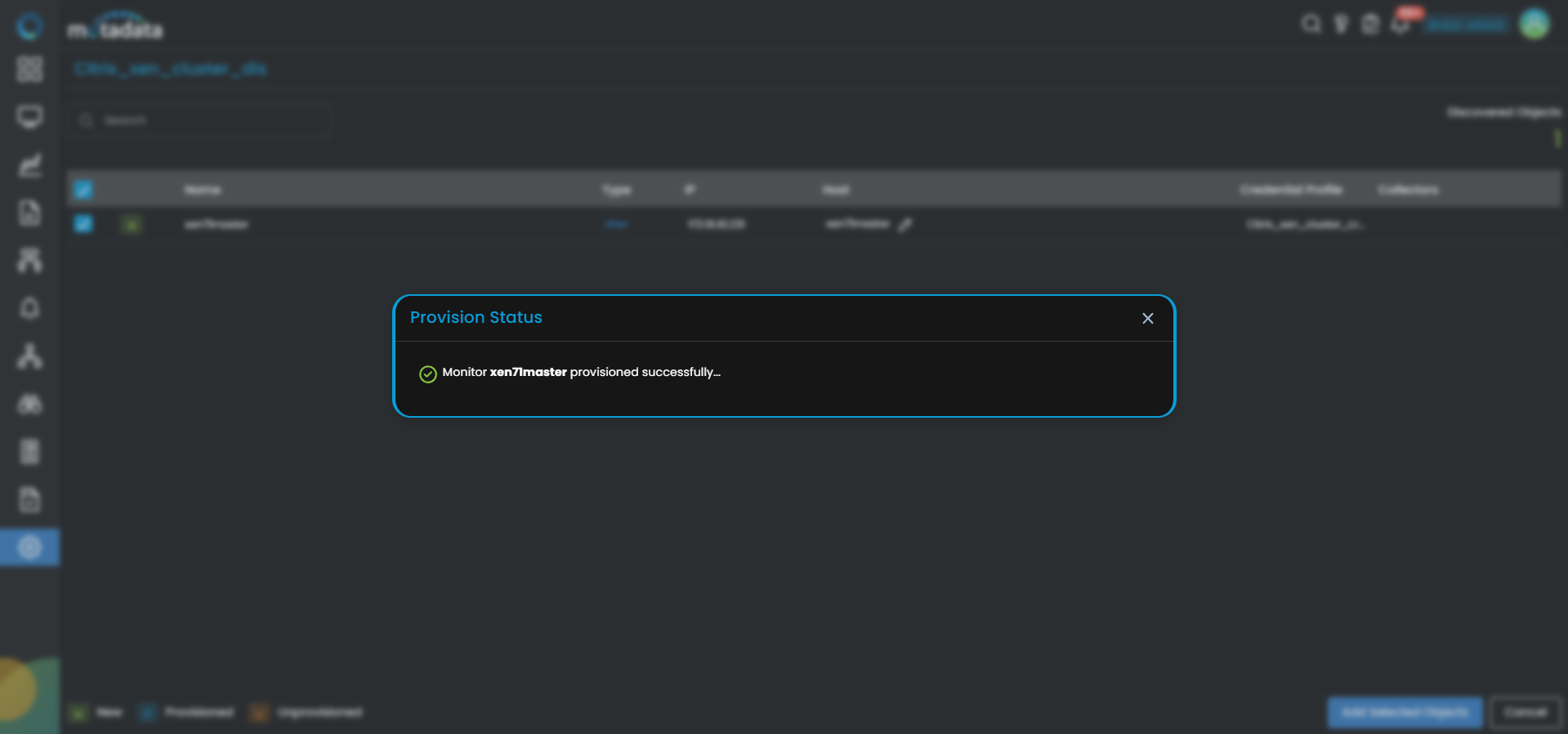 Provisioning screen showing Citrix Xen Cluster components across three tabs