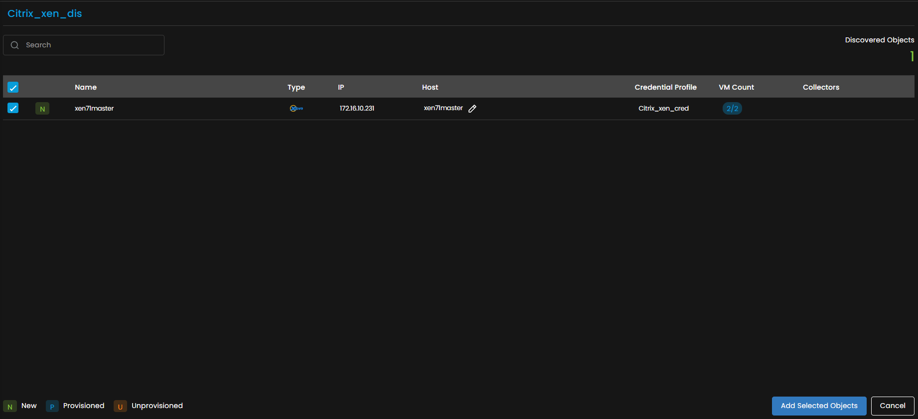 Discovery screen showing the completed Citrix Xen discovery run