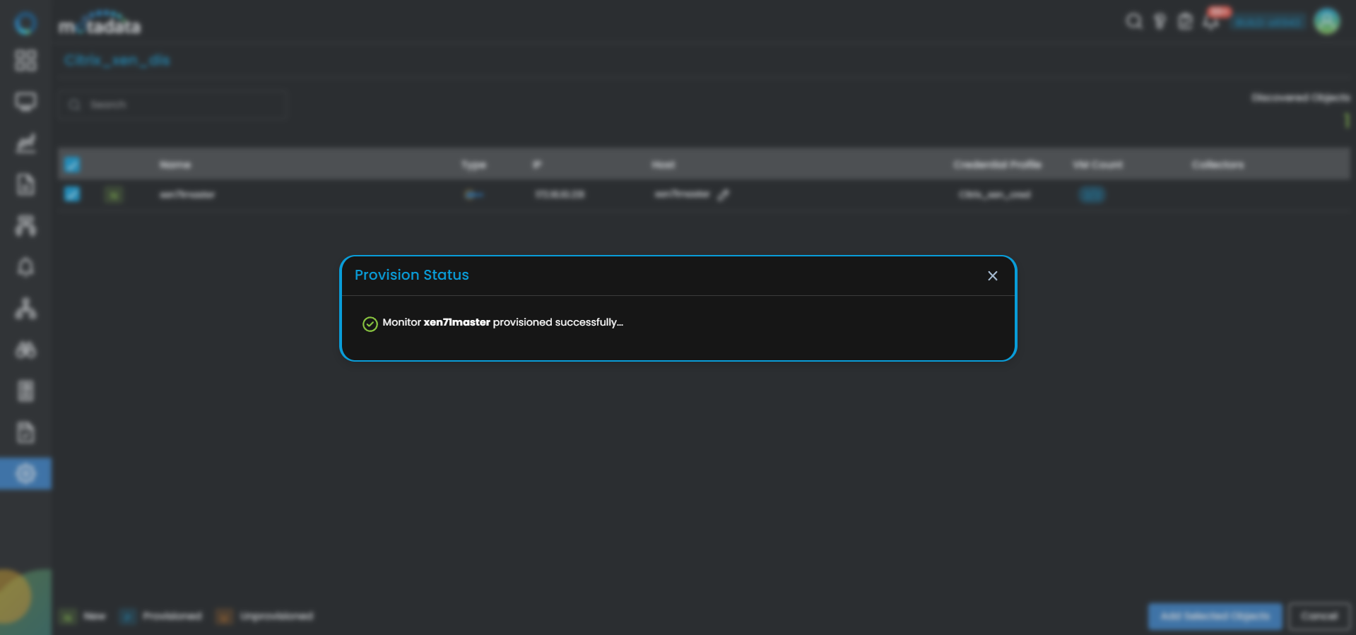 Provisioning screen showing discovered Citrix Xen devices with checkboxes to select