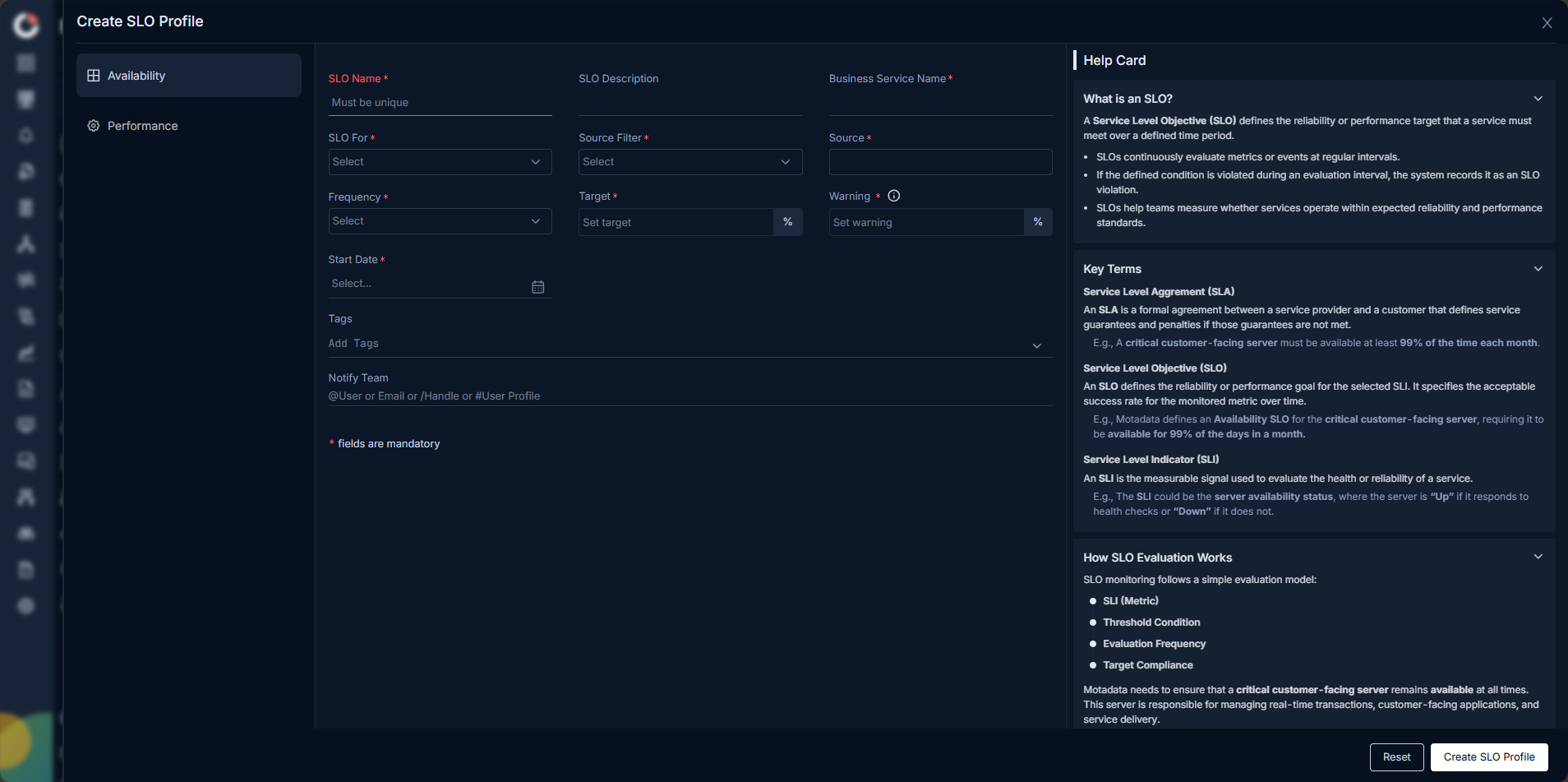 Create SLO Profile screen