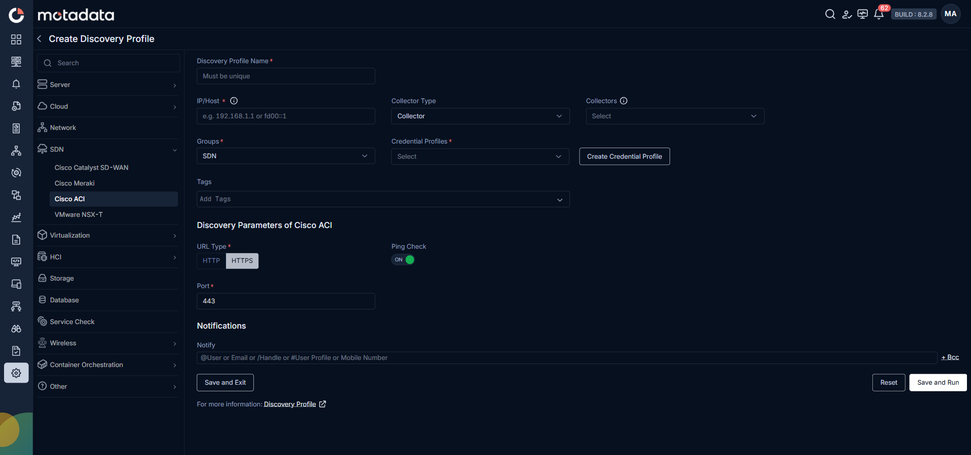 Discovery Profile form with SDN category and Cisco ACI selected
