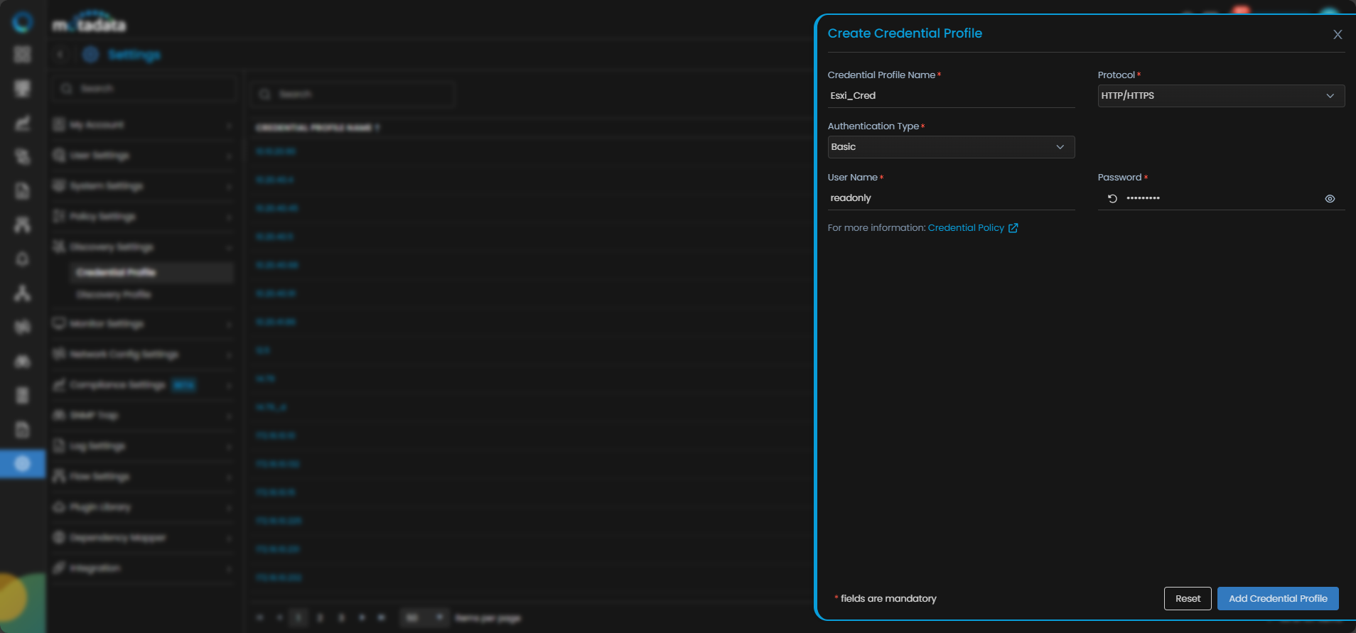 Create Credential Profile form with HTTP/HTTPS protocol selected for ESXi