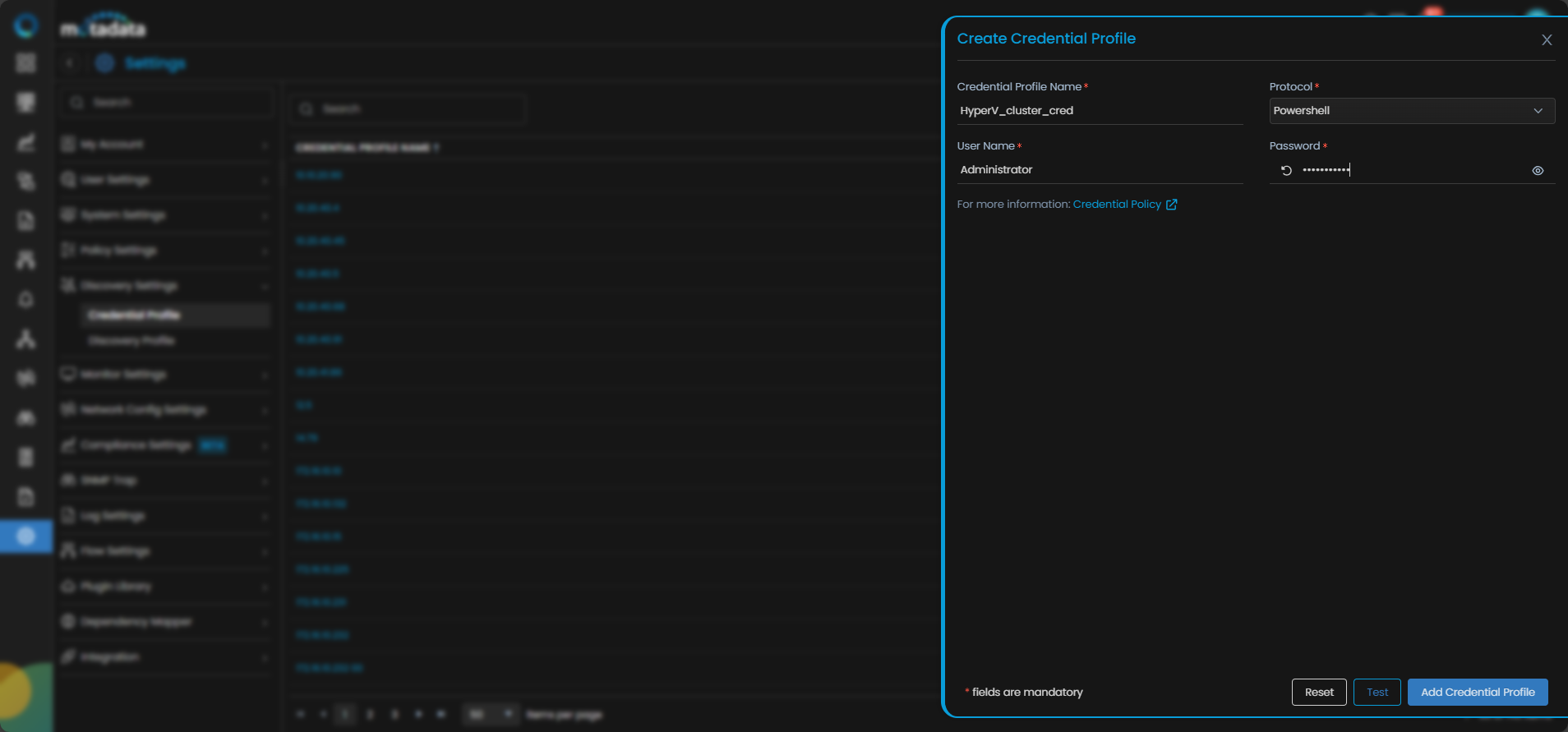 Create Credential Profile form with Powershell protocol selected for Hyper-V Cluster