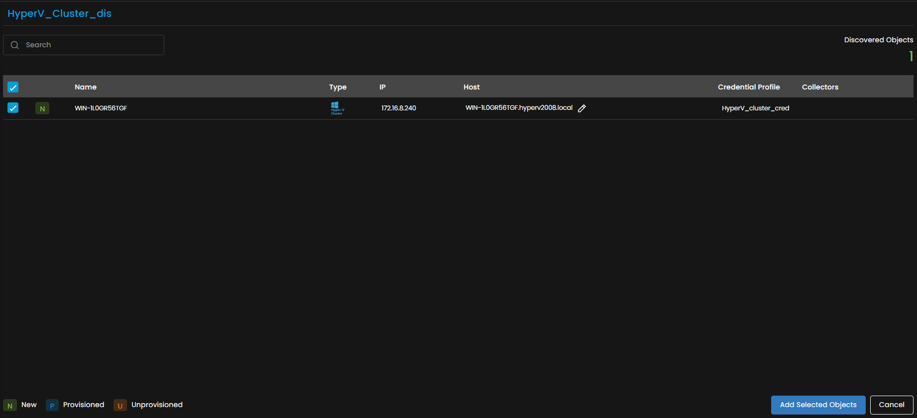 Discovery screen showing the completed Hyper-V Cluster discovery run