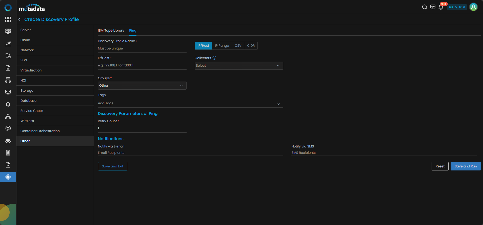 Discovery Profile form with IP/Host fields for Ping discovery