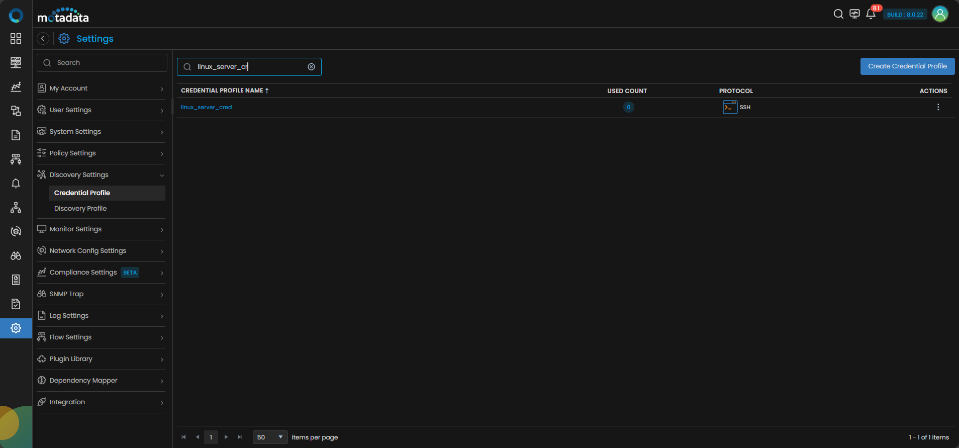 Credential Profile list showing the newly created SSH profile