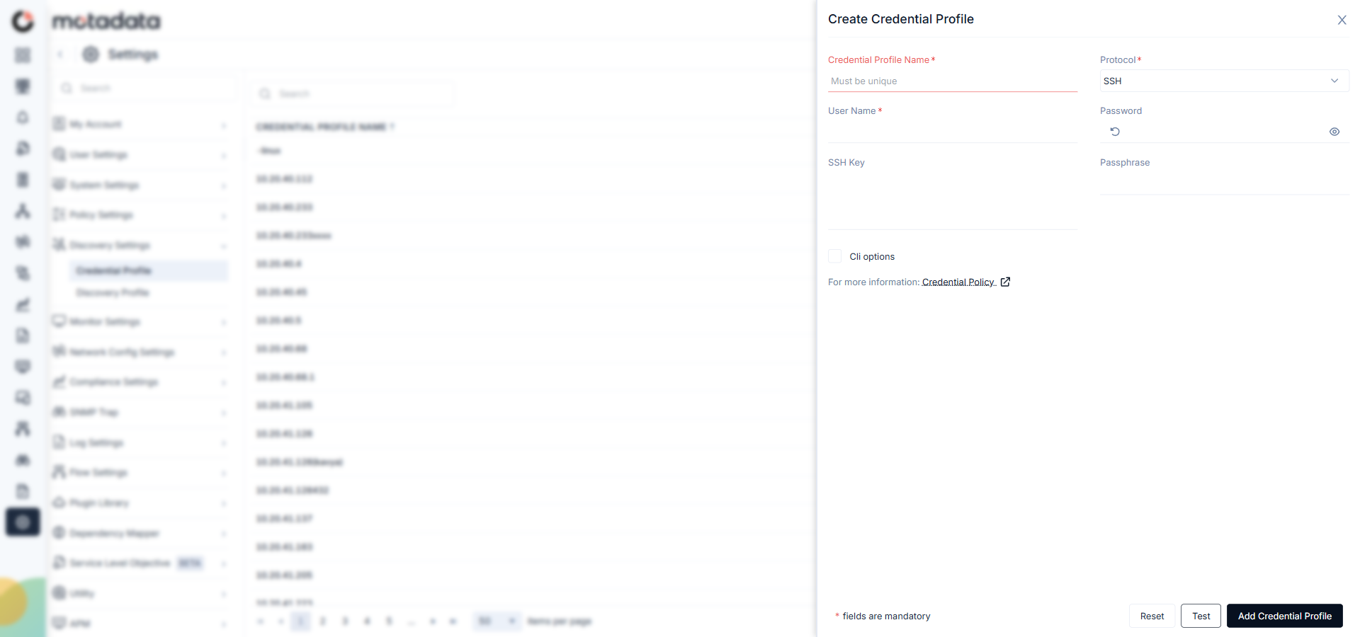 Create Credential Profile form with SSH protocol selected