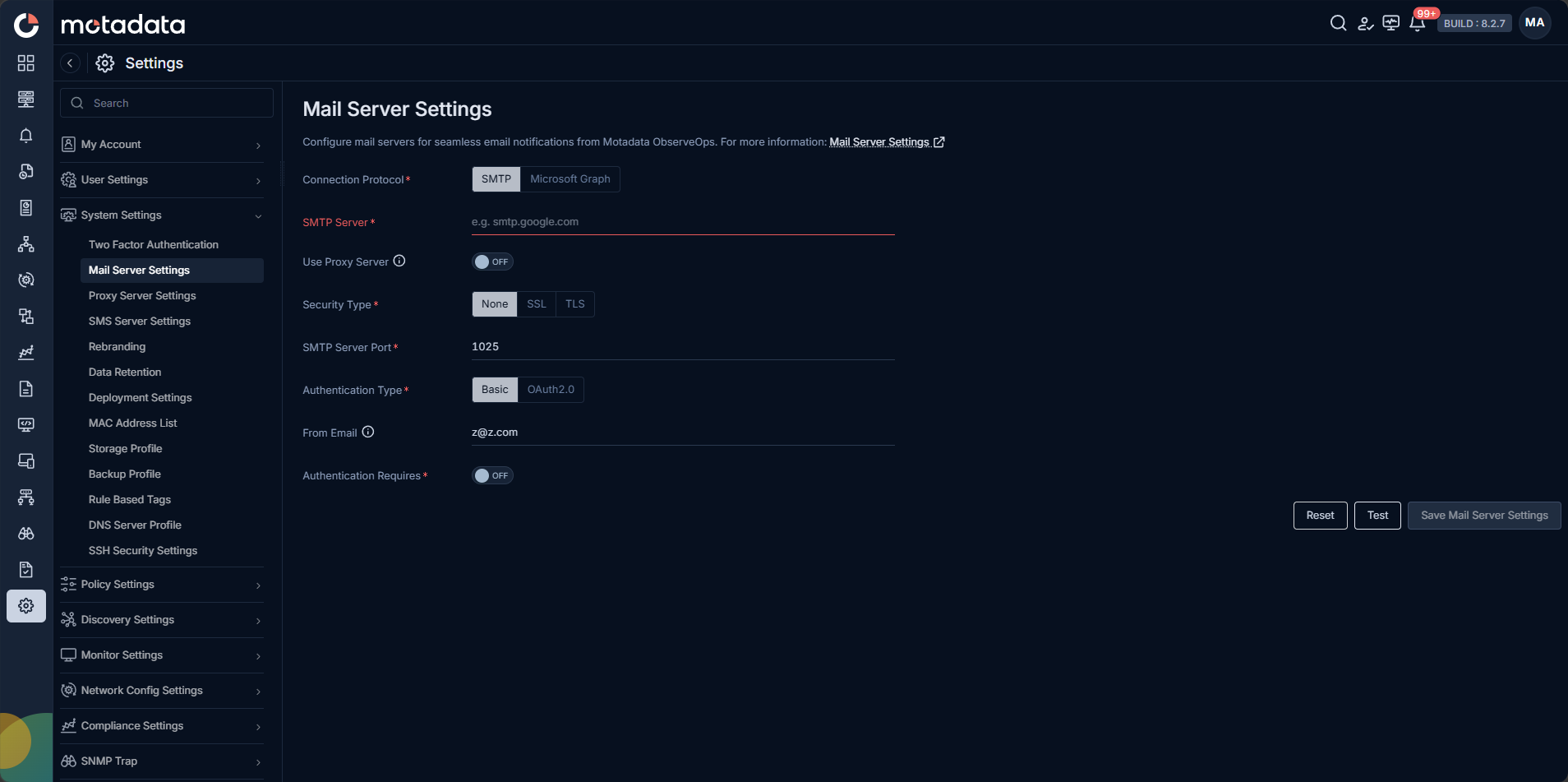 Mail server settings screen showing the Email Provider selection with SMTP and Microsoft Graph API options