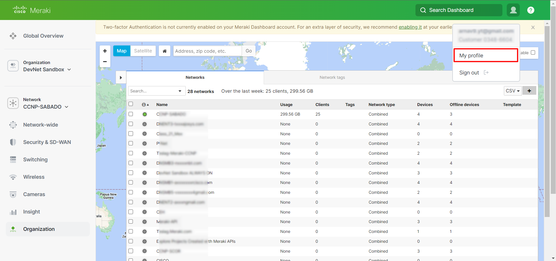 Meraki Dashboard with the account menu open and My Profile highlighted
