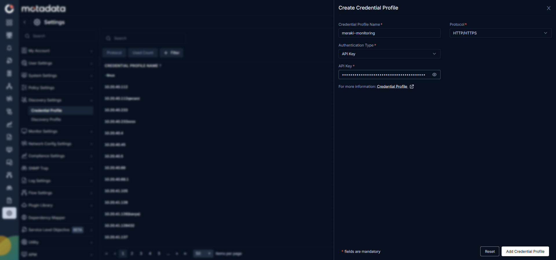 Create Credential Profile form for Cisco Meraki with HTTP/HTTPS and API Key selected