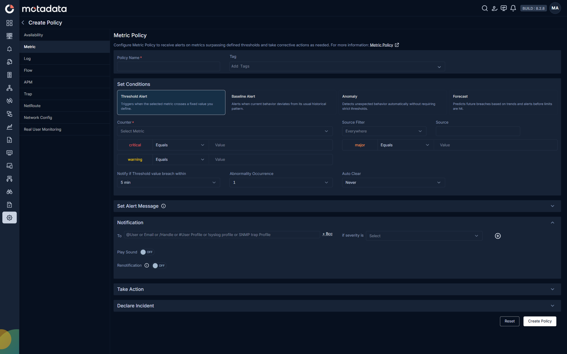 APM Policy create screen on 8.2.8 showing the Set Conditions area with four alert-type cards