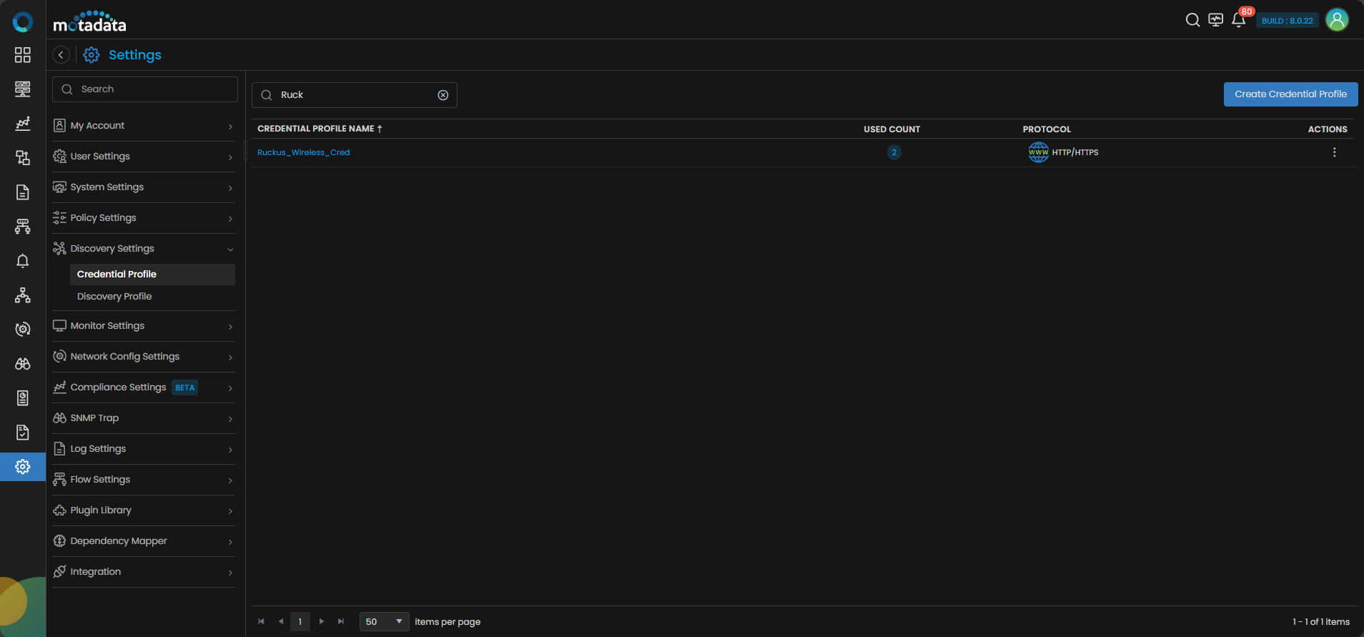 Credential Profile list showing the newly created Ruckus Wireless profile