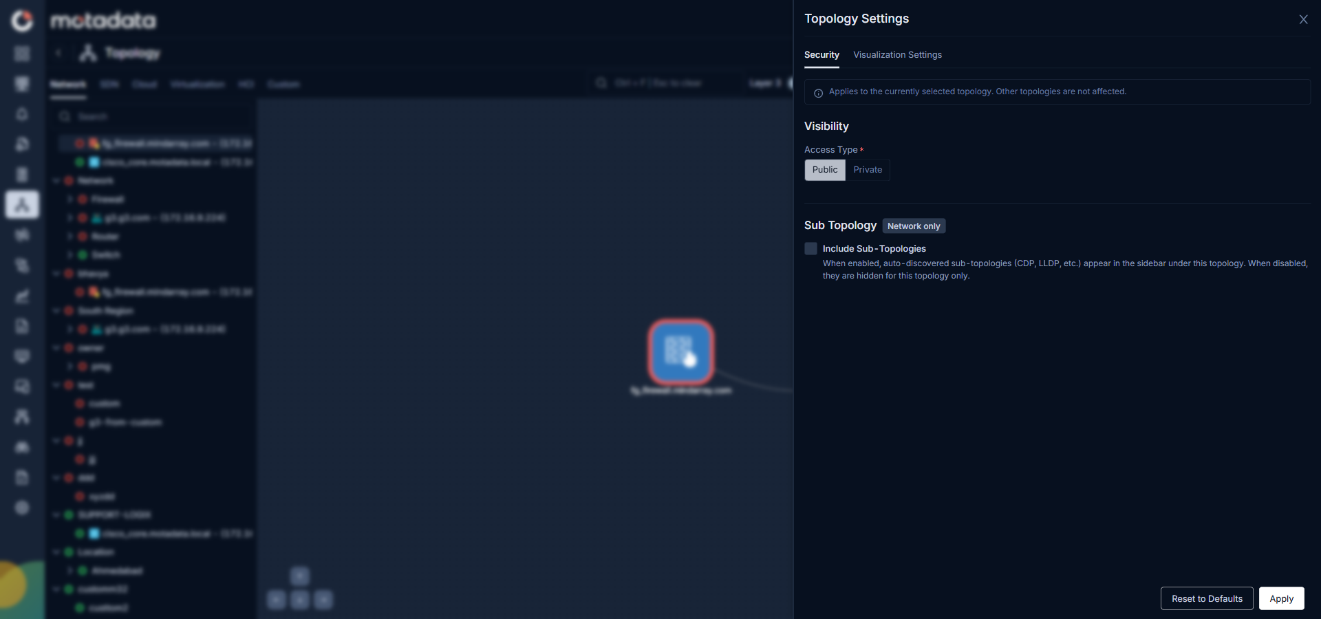 Topology Settings drawer open on the Security tab