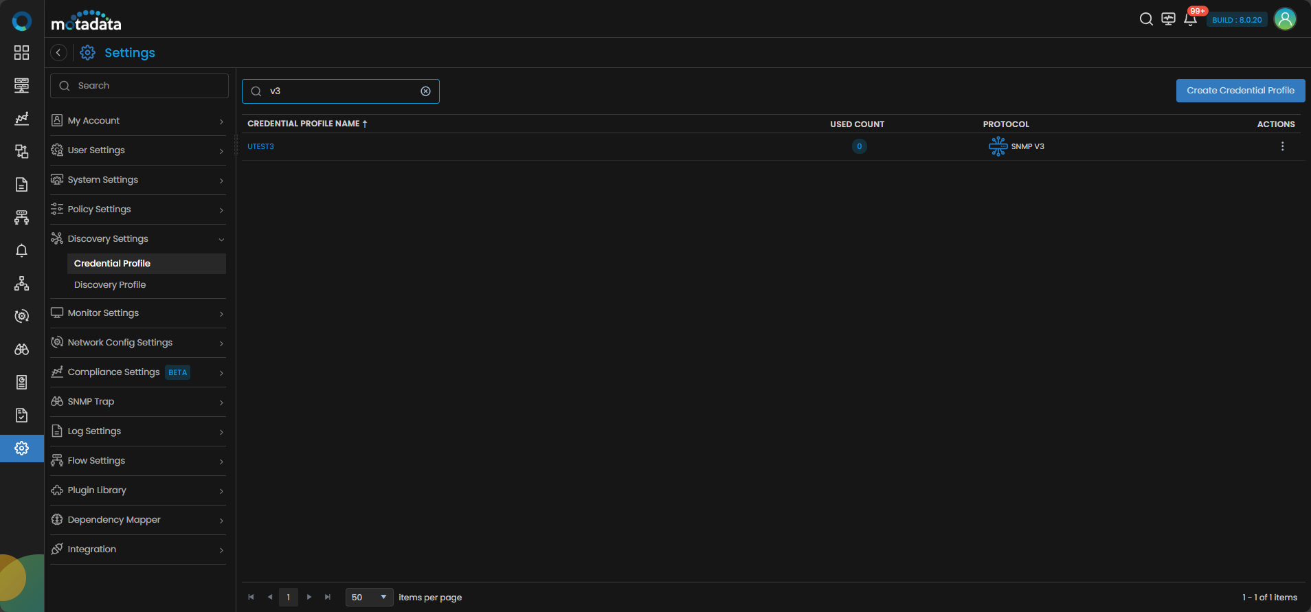 Credential Profile list showing the newly created SNMP v3 profile