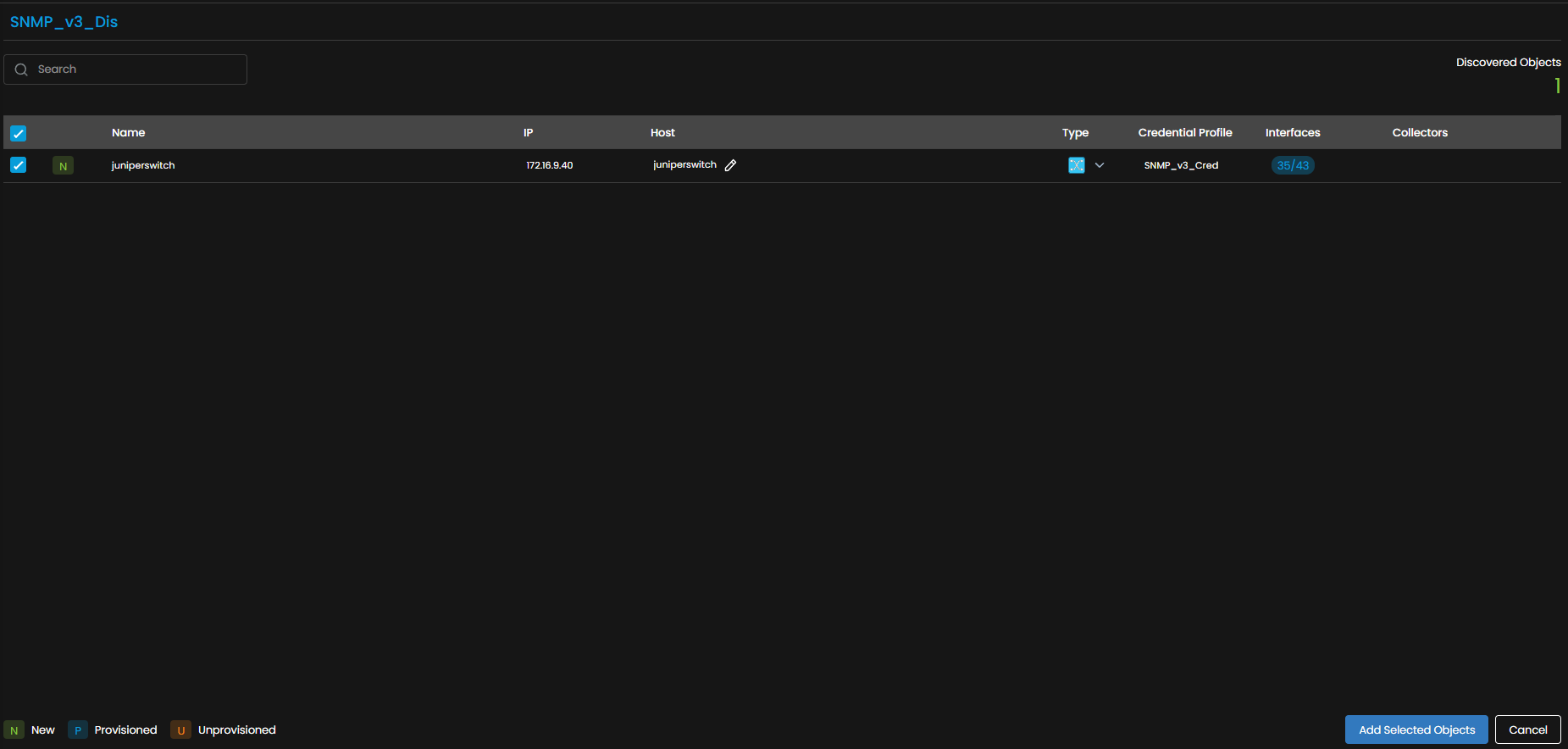 Discovery Profile screen showing the completed SNMP v3 discovery run