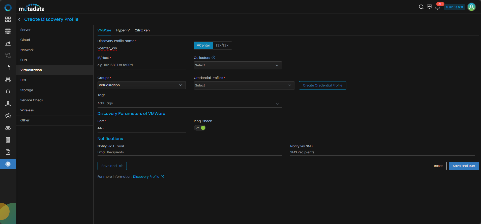 Discovery Profile form with vCenter discovery fields visible