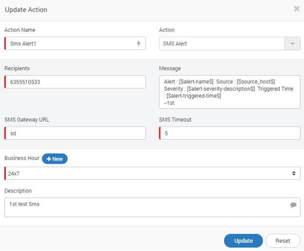 SMS Alert Action Configuration