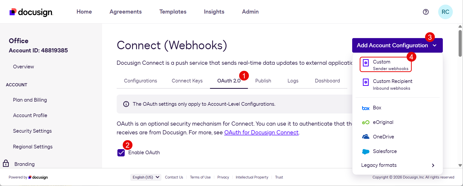 DocuSign account configuration panel with Enable OAuth toggle and Add Account Configuration dropdown set to Custom