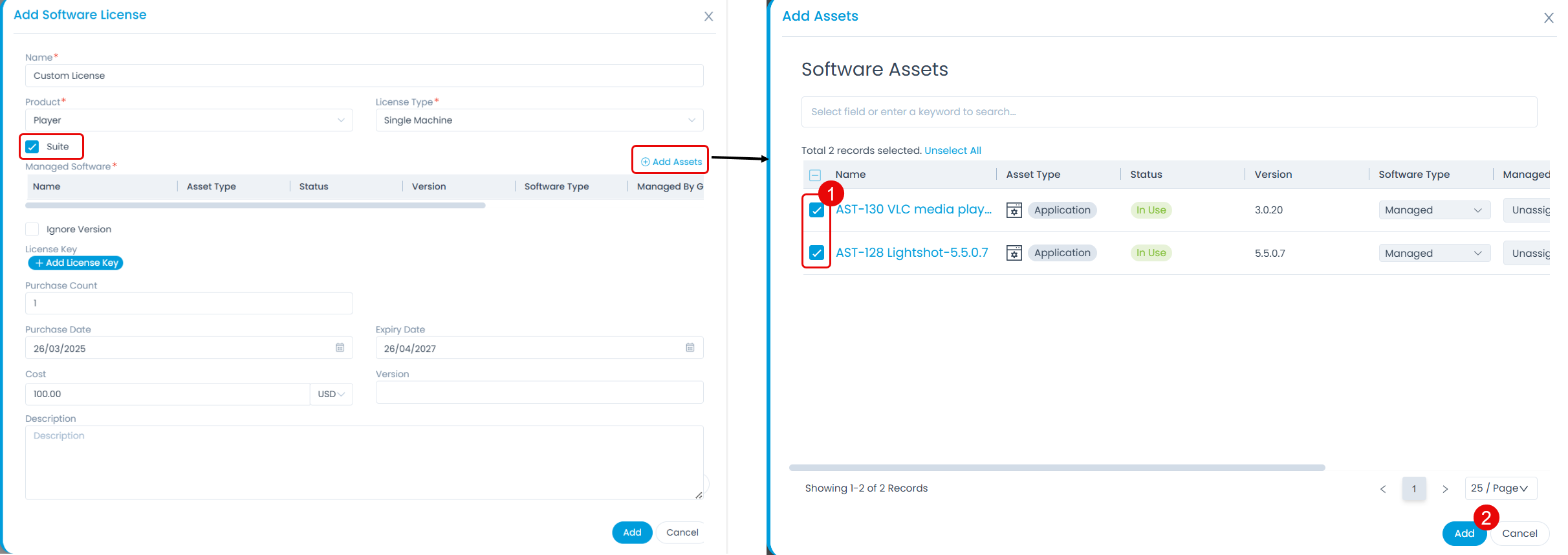 Add Software License Popup