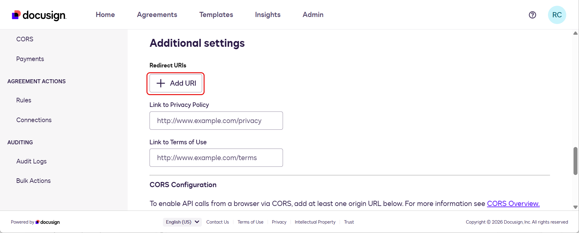 Add URI dialog with a text field for the redirect URI