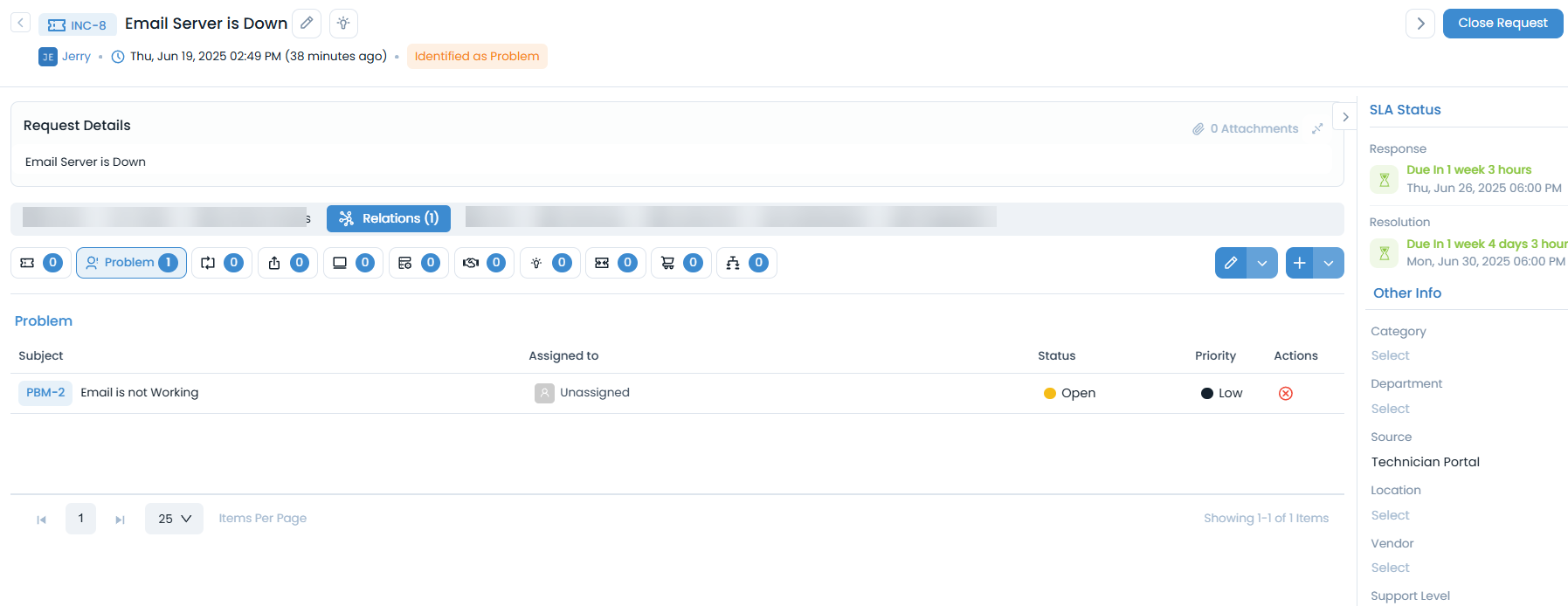 Relations tab in Request Details page