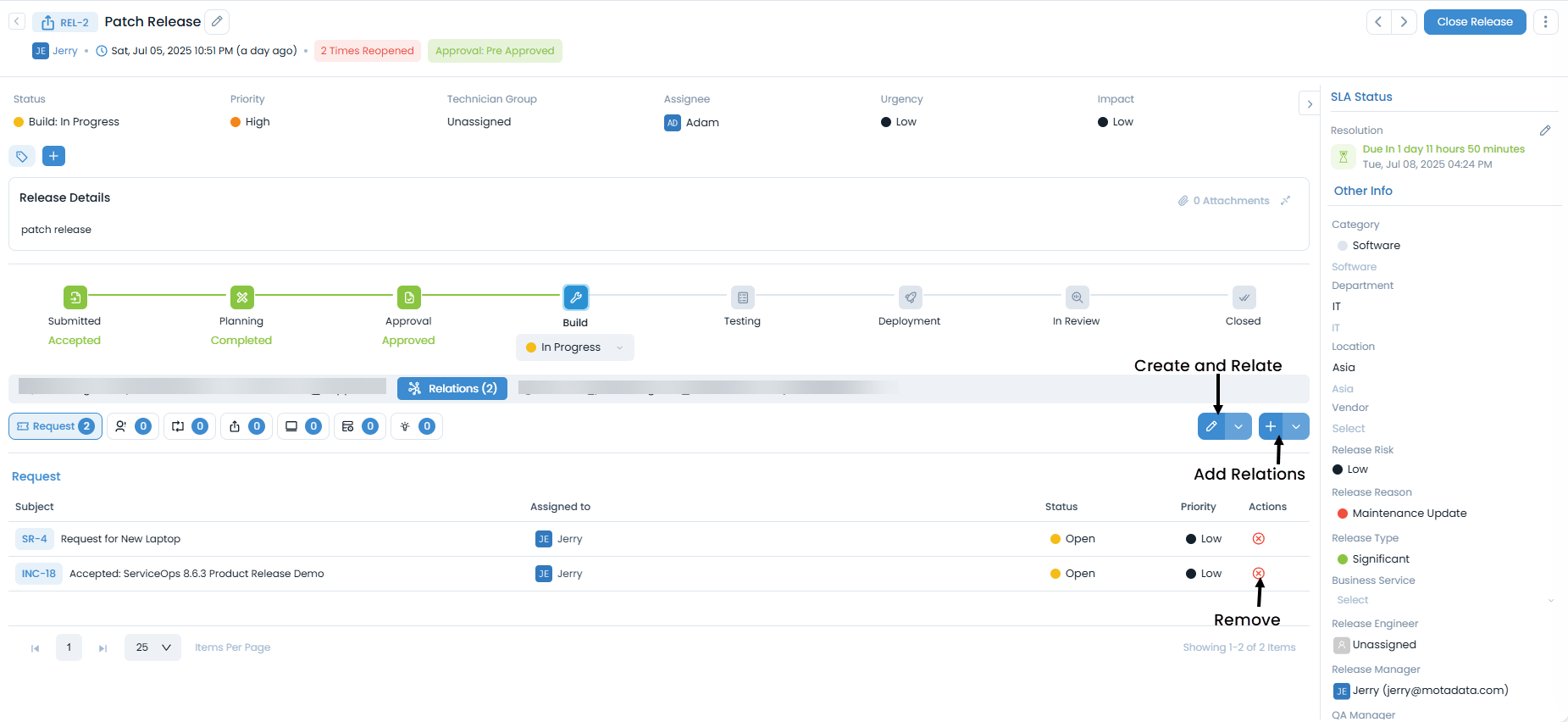 Relations Tab in Release Details Page