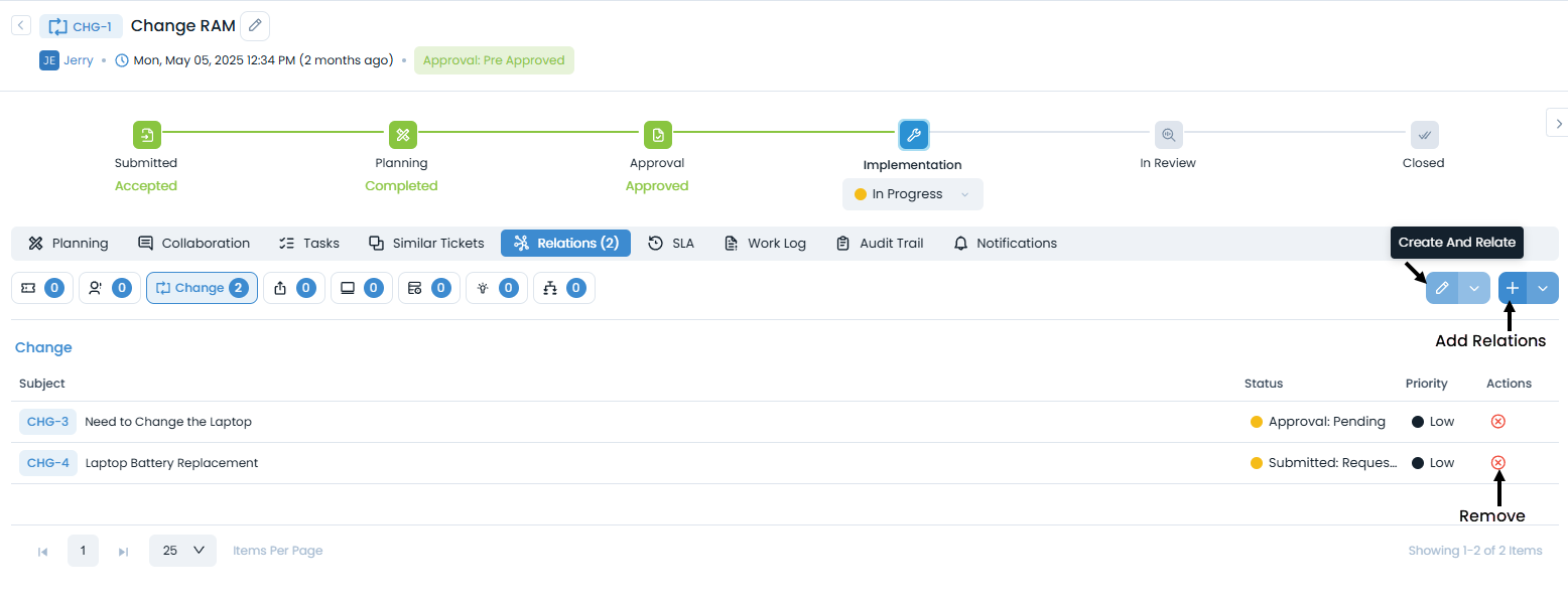 Relations Tab in Change Details Page