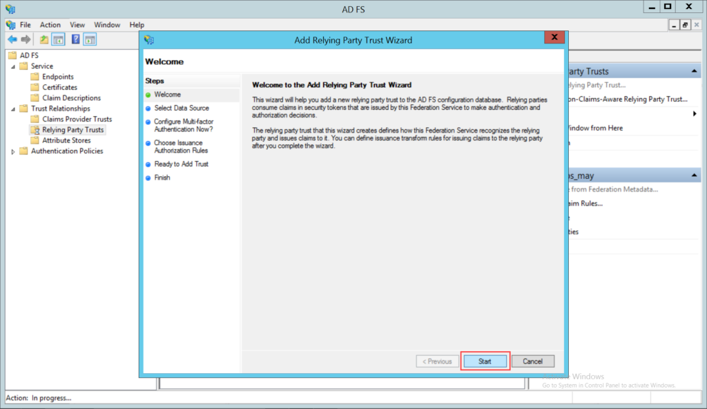 Adding Rely Party Trust Wizard