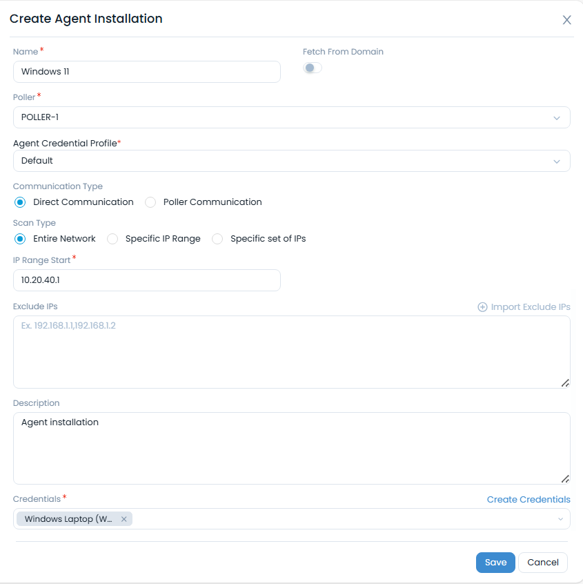Create Agent Installation Popup
