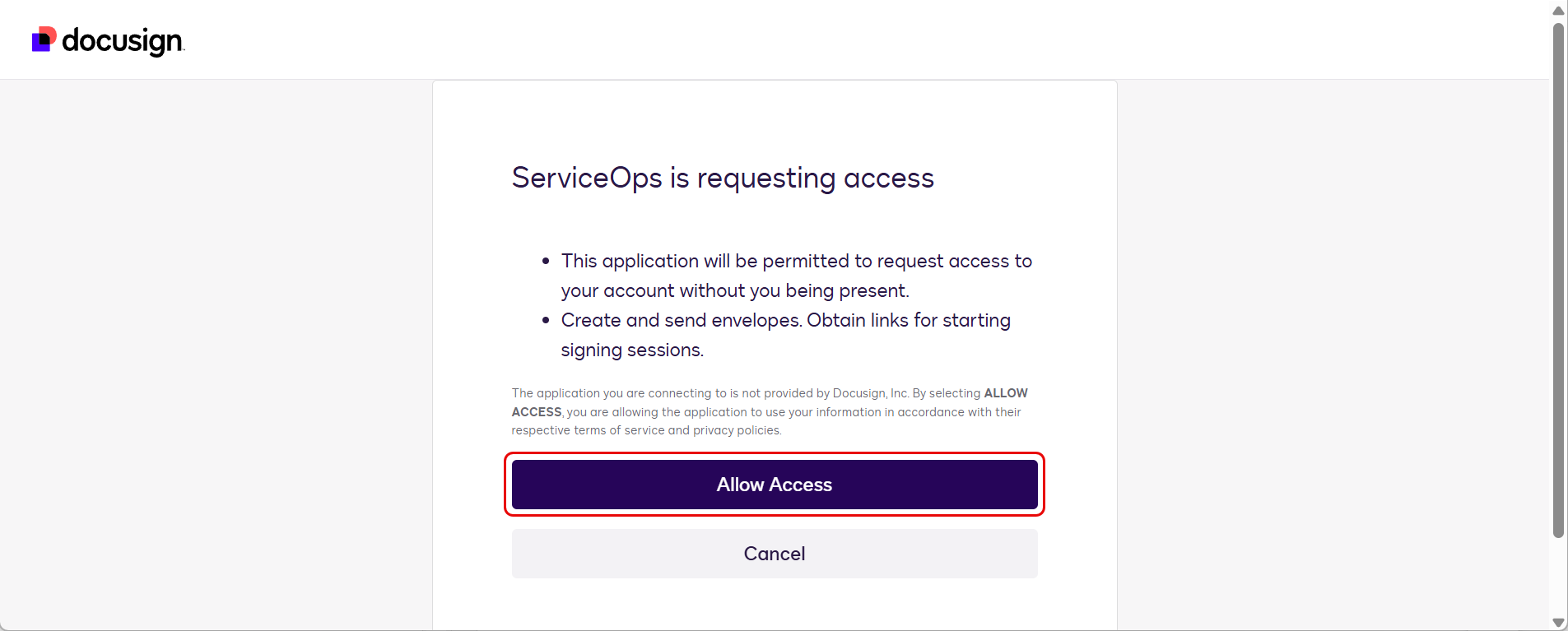 DocuSign OAuth consent screen with the Allow button