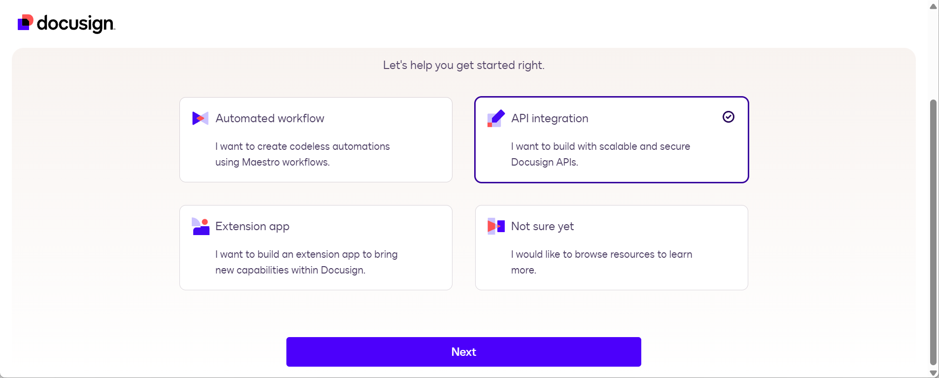 DocuSign "What do you want to build?" screen showing Automated workflow, API integration, Extension app, and Not sure yet options with API integration highlighted
