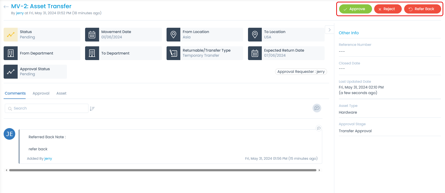 Approving or Rejecting Request from the Details Page