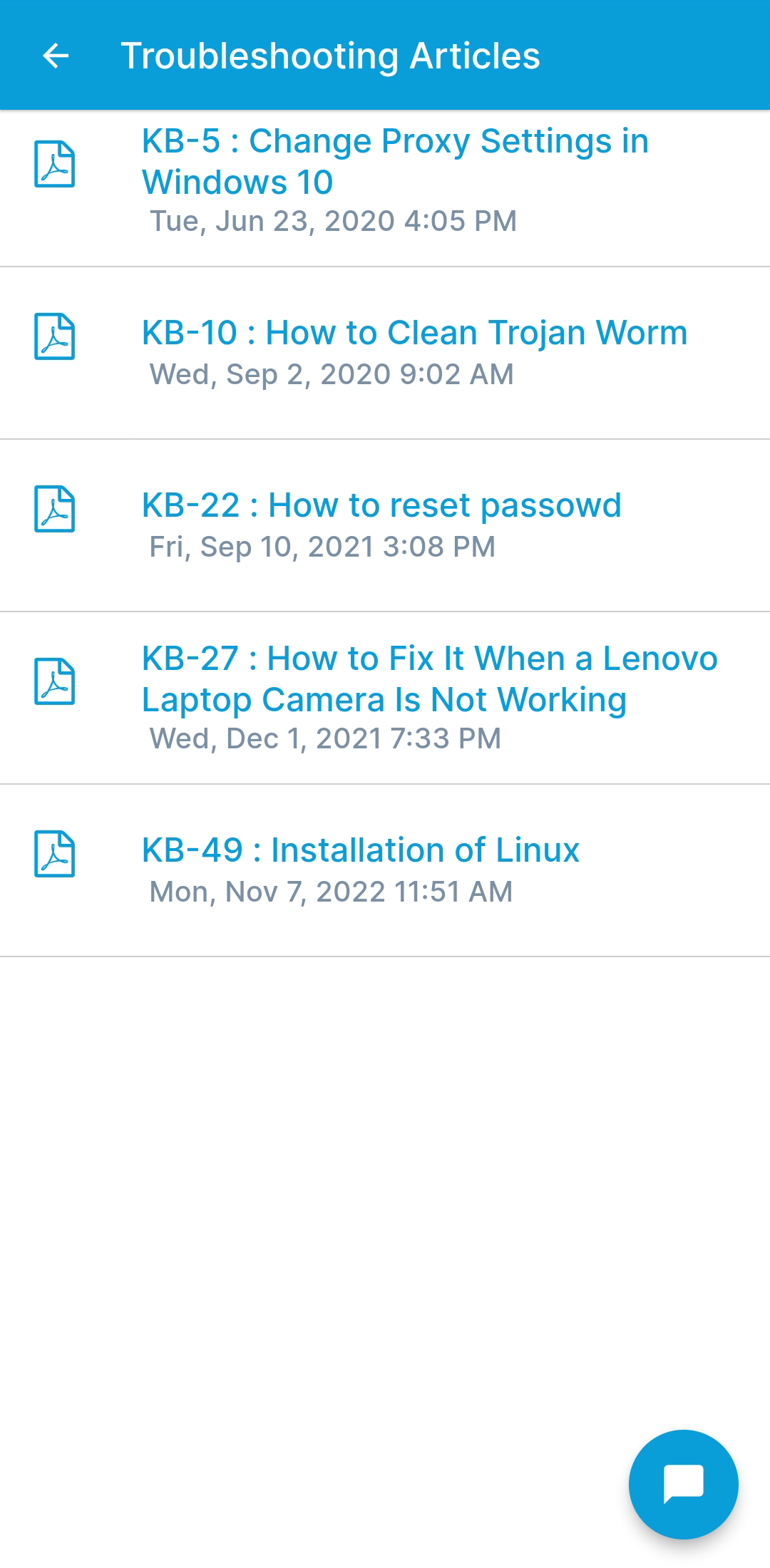 List of Knowledge Articles