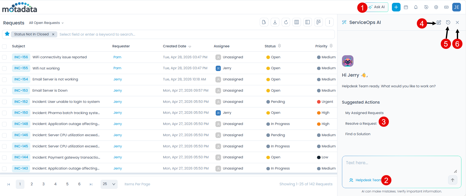 Ask AI chat window with numbered callouts