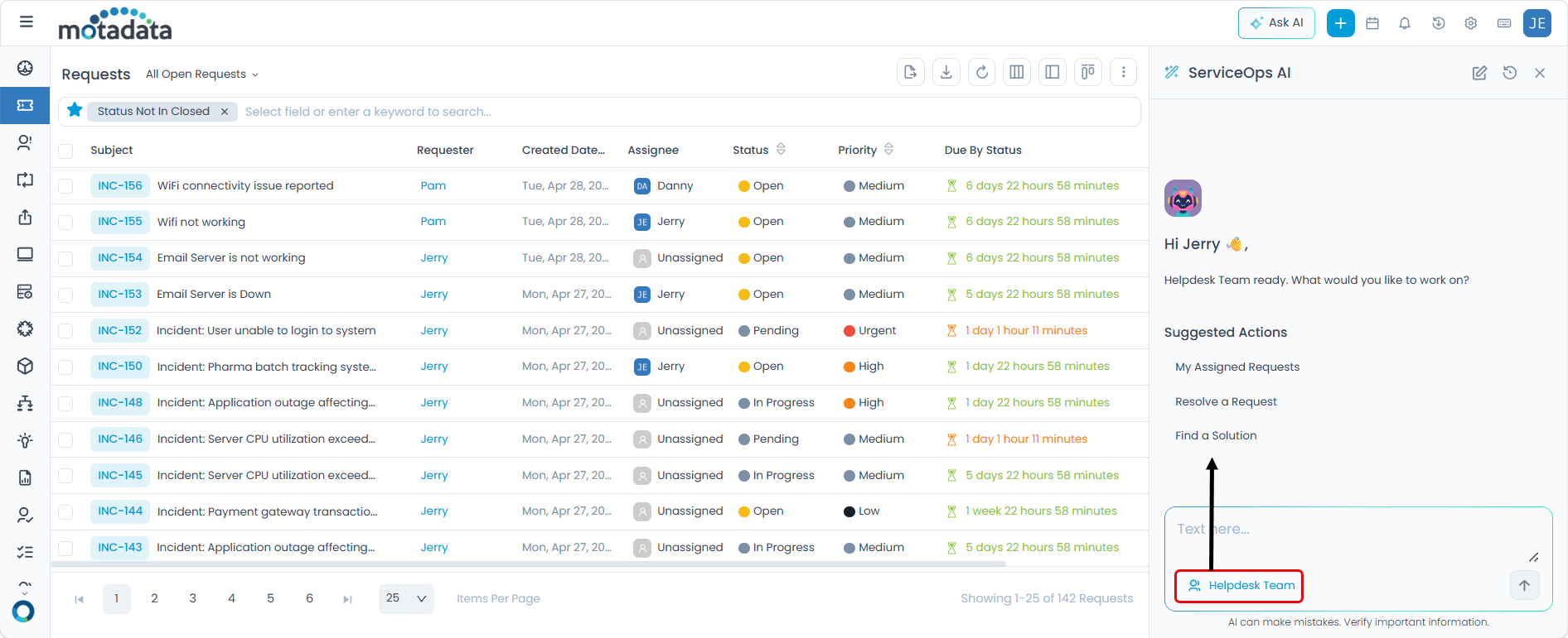 Suggested actions appearing in the chat window after selecting an AI Agent