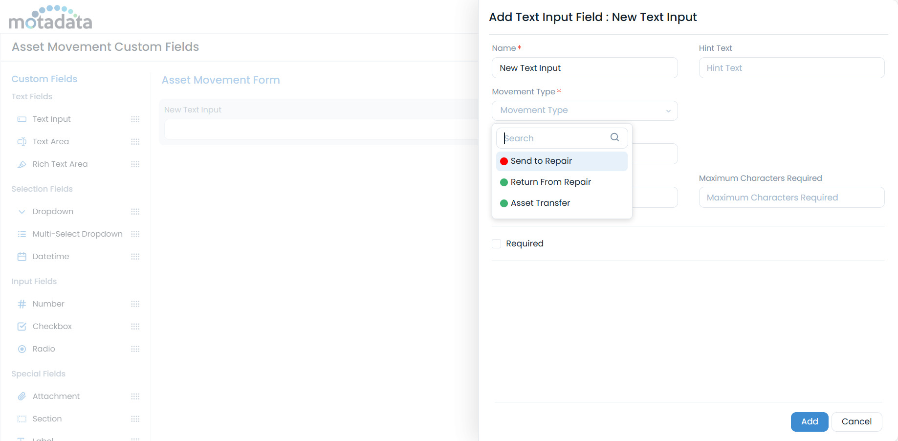 Asset Movement Custom Fields