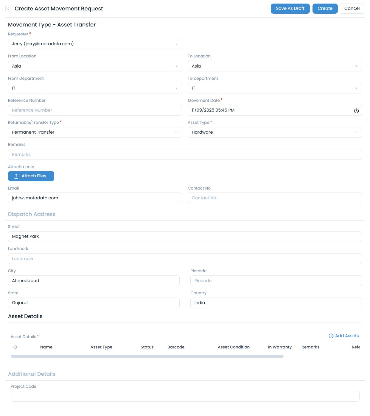 Create Asset Movement Request