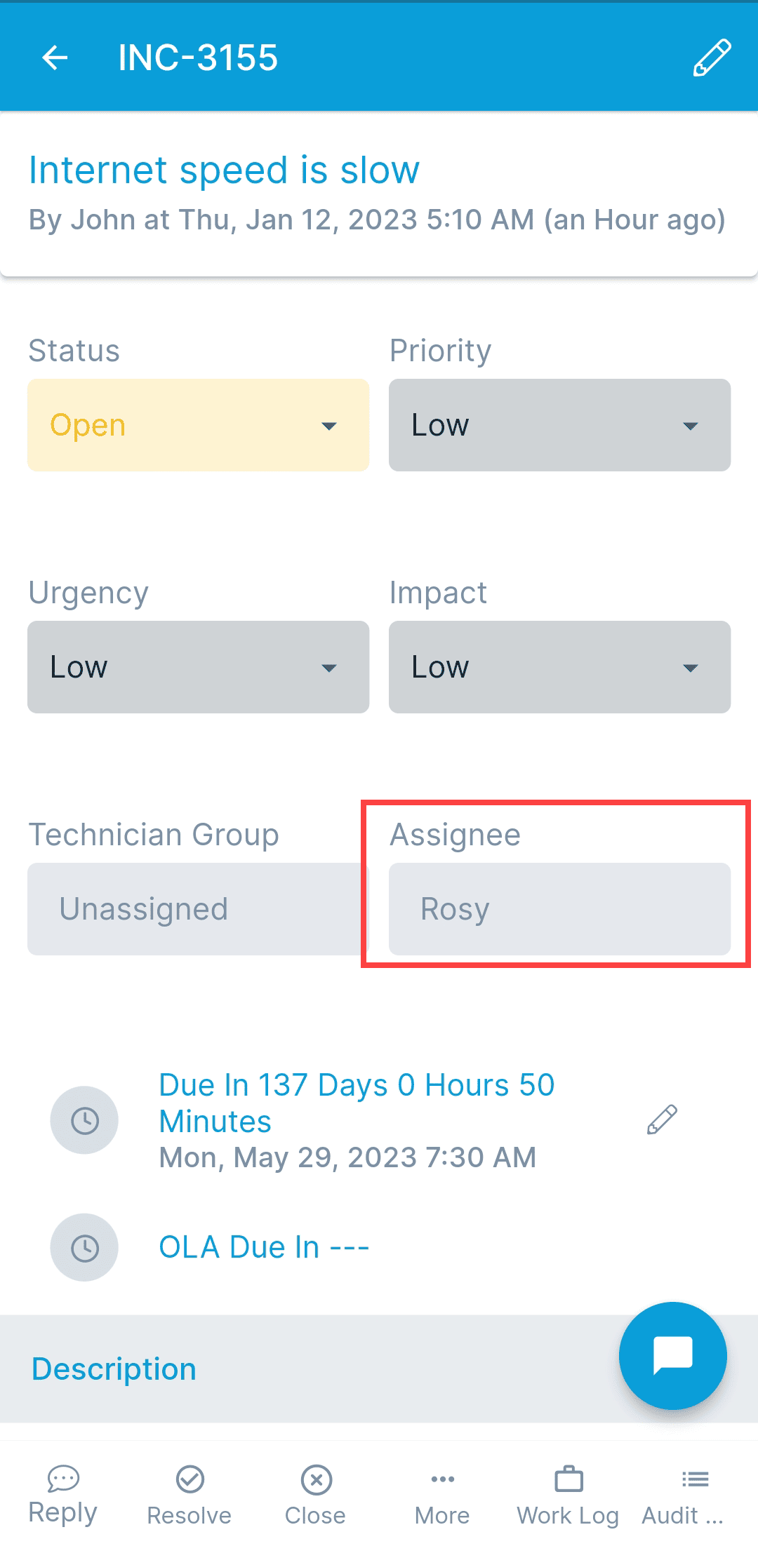 Assigning request to technician on details page