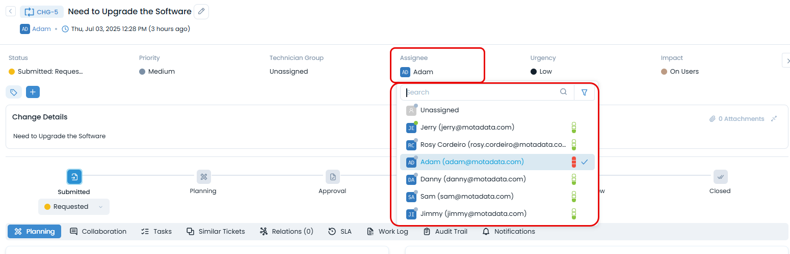 Assigning a Change to Technician from Details Page