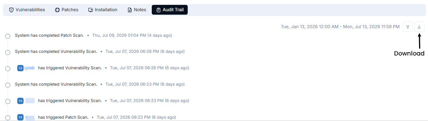 Audit Trail Tab showing a chronological list of system and user actions with timestamps, date range filter, and Download button