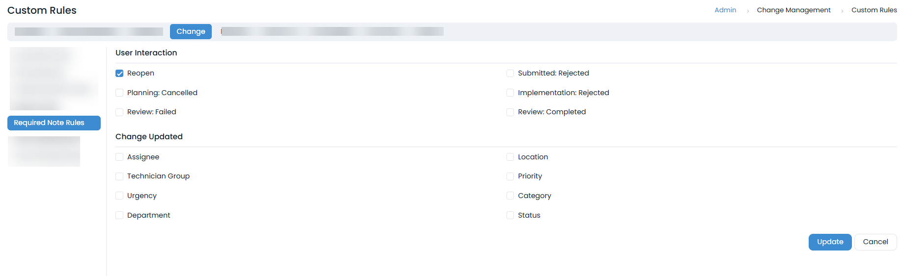 Fields that require a note before changing their values