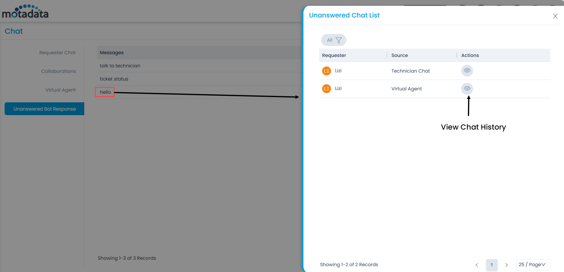 Unanswered Bot Response tab