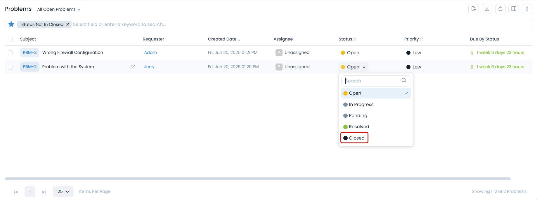 Closing a Problem from the List Page