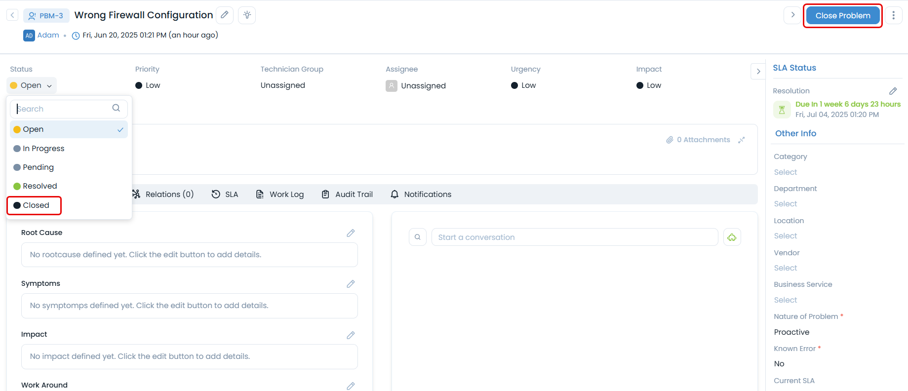 Closing Problem by Changing Status