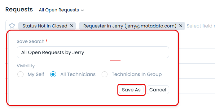 Options while saving a search
