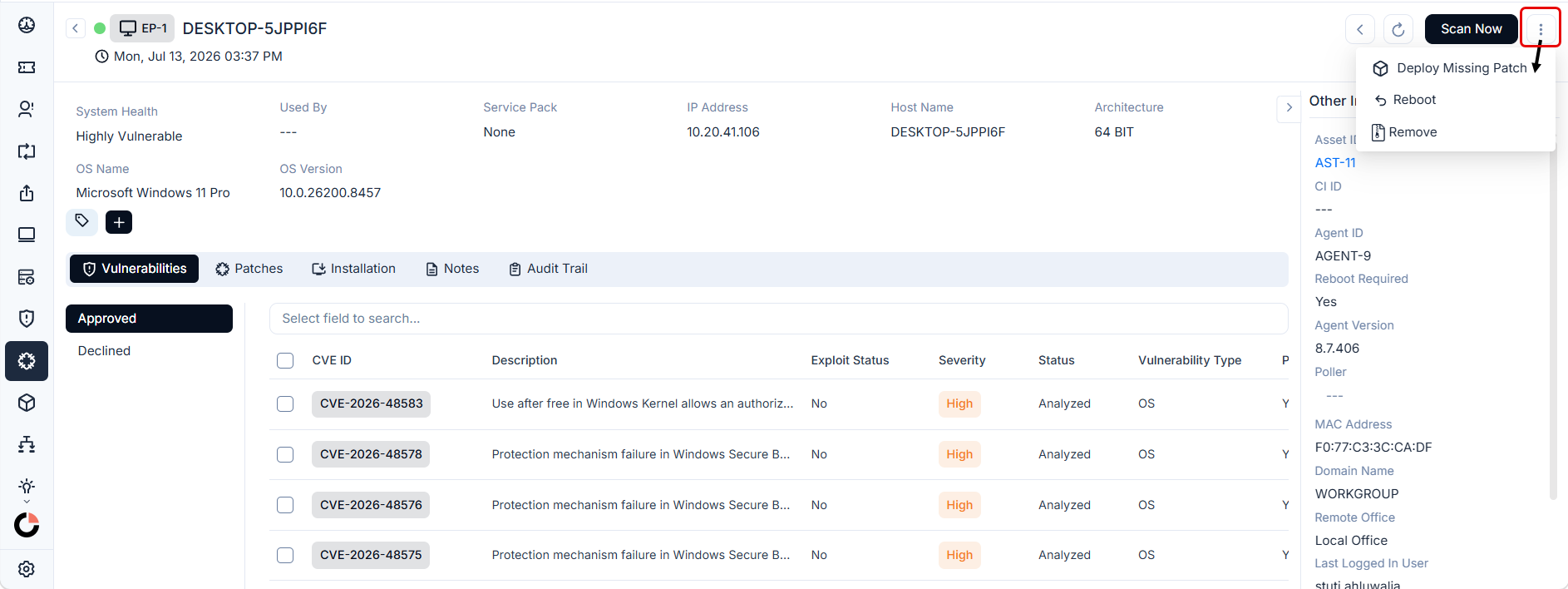 More Options dropdown showing Deploy Missing Patch, Reboot, and Remove actions