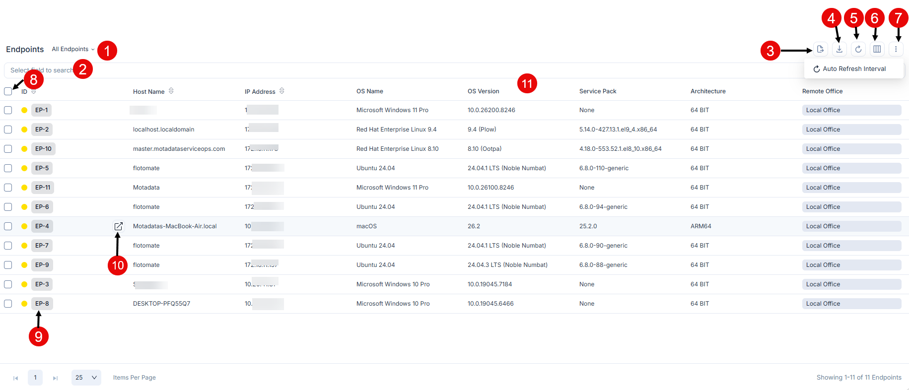 Endpoint List View showing filter dropdown, search bar, toolbar icons, and endpoint records with Agent ID, Host Name, IP Address, OS, and status columns