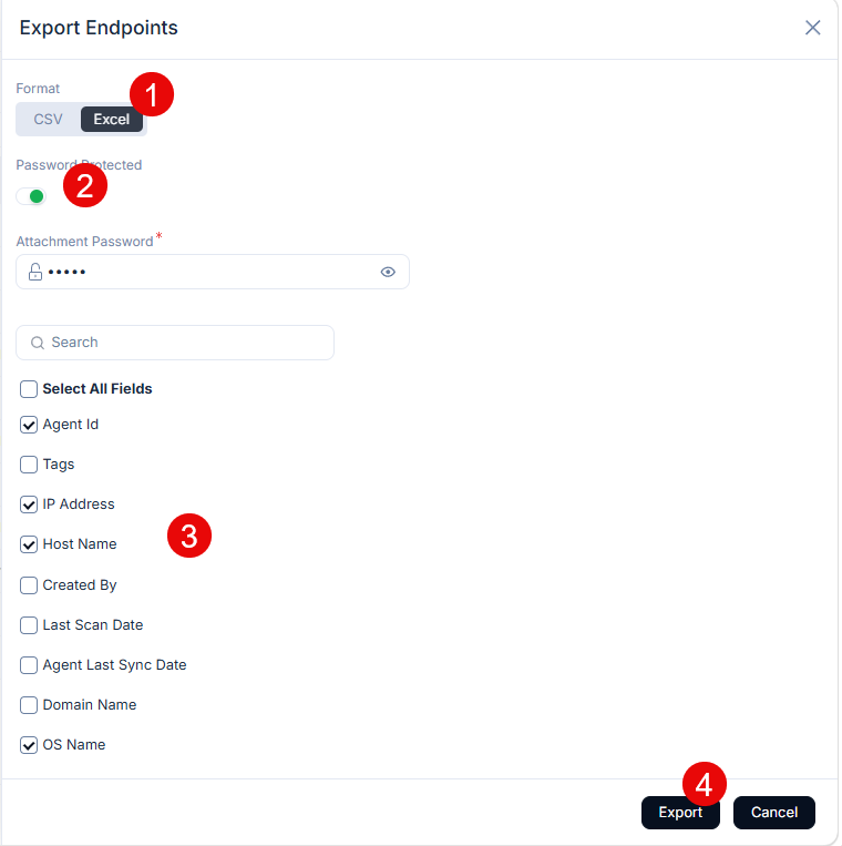 Export Endpoints popup showing format selection, password protection toggle, and field selection