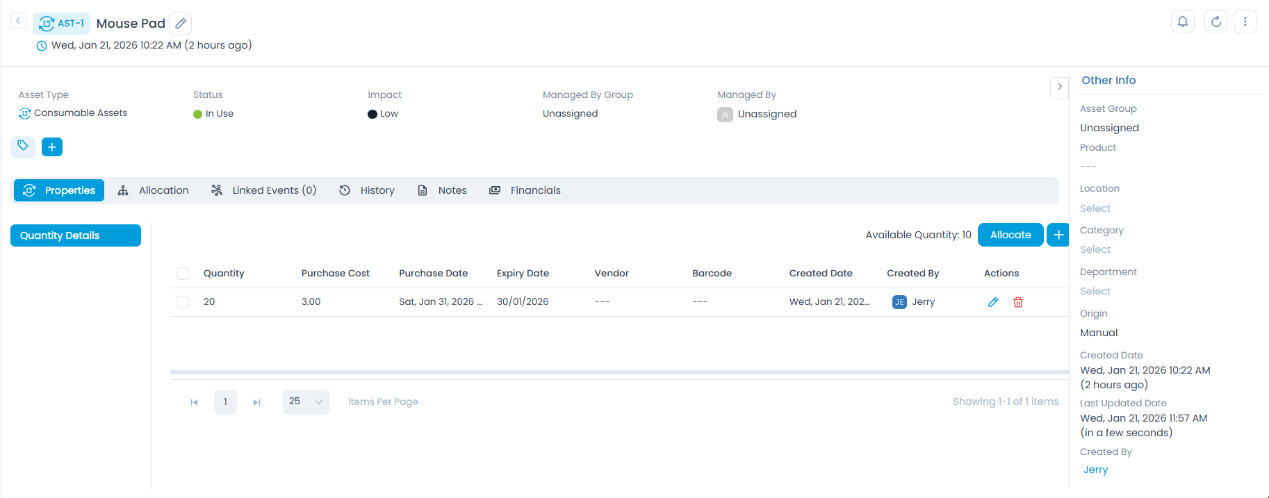 Consumable Asset Details Page